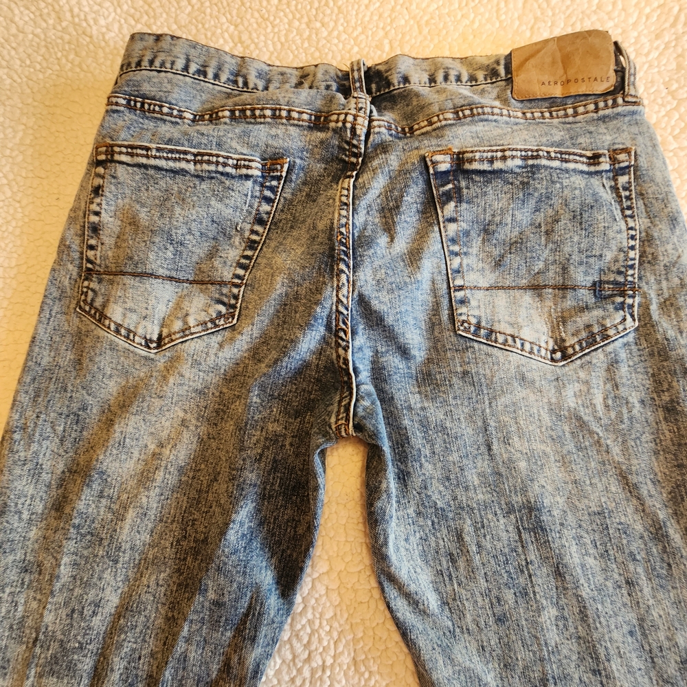 Aeropostale Jeans Mens 34x32 Slim Straight Distressed Blue Acid Wash Fits 34x30